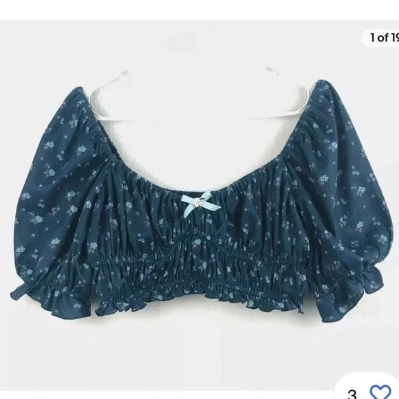 For Love & Lemons Top Womens Xs Navy Blue Floral Pointelle Lola Cropped Ruffle - Picture 2 of 3